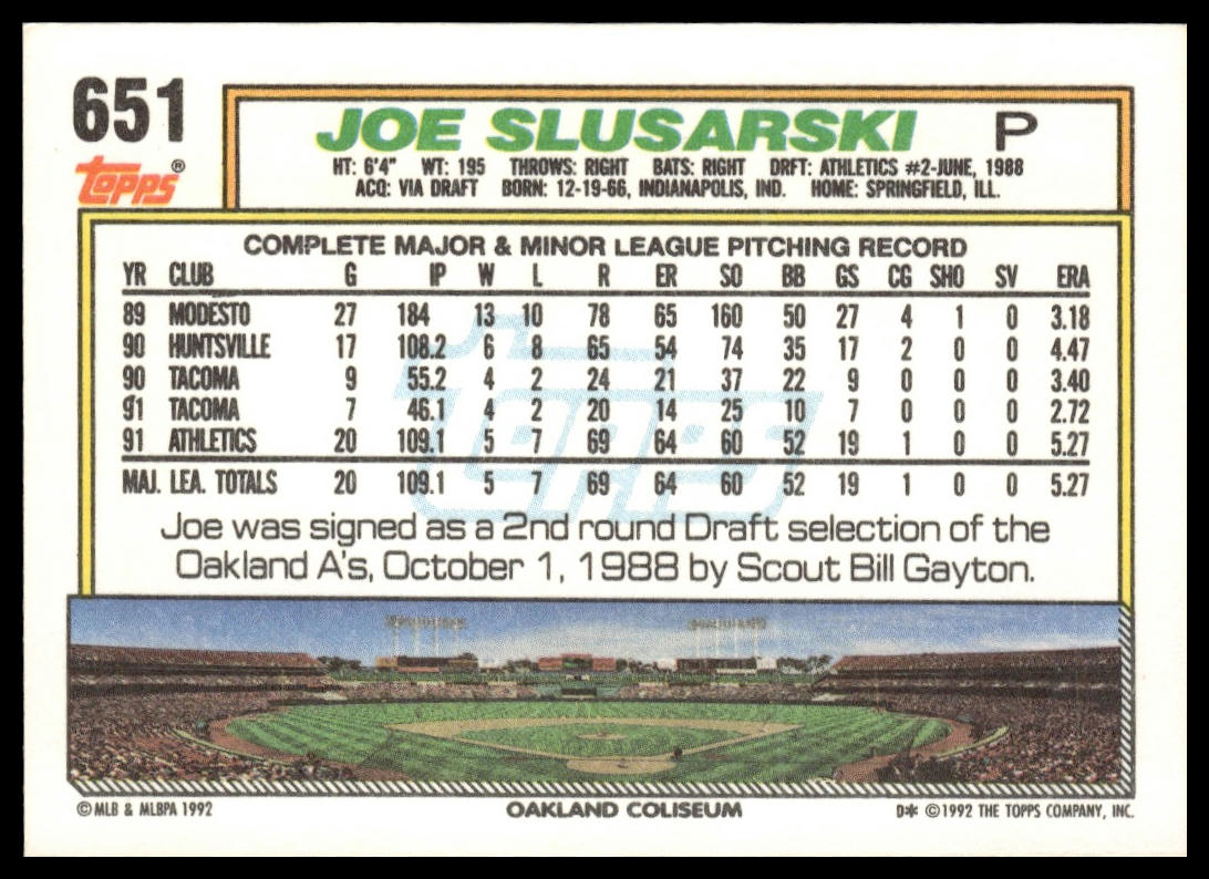 1992 Topps #651 Joe Slusarski