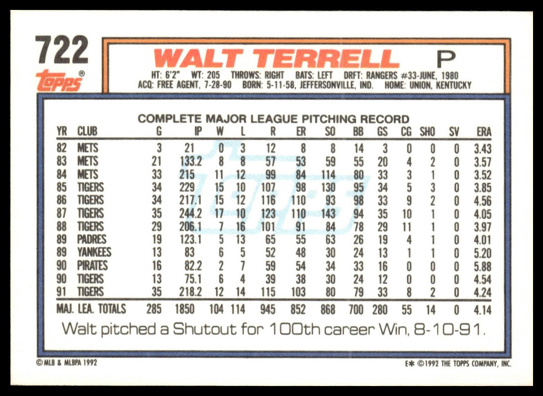 1992 Topps #722 Walt Terrell