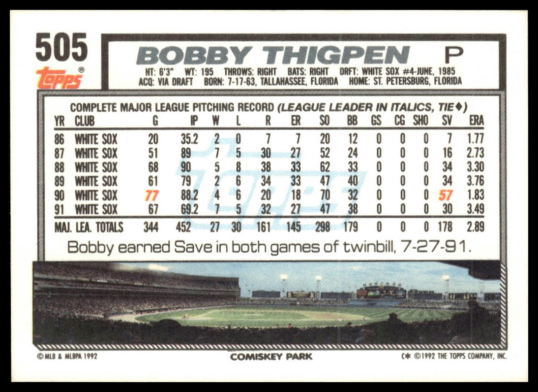 1992 Topps #505 Bobby Thigpen