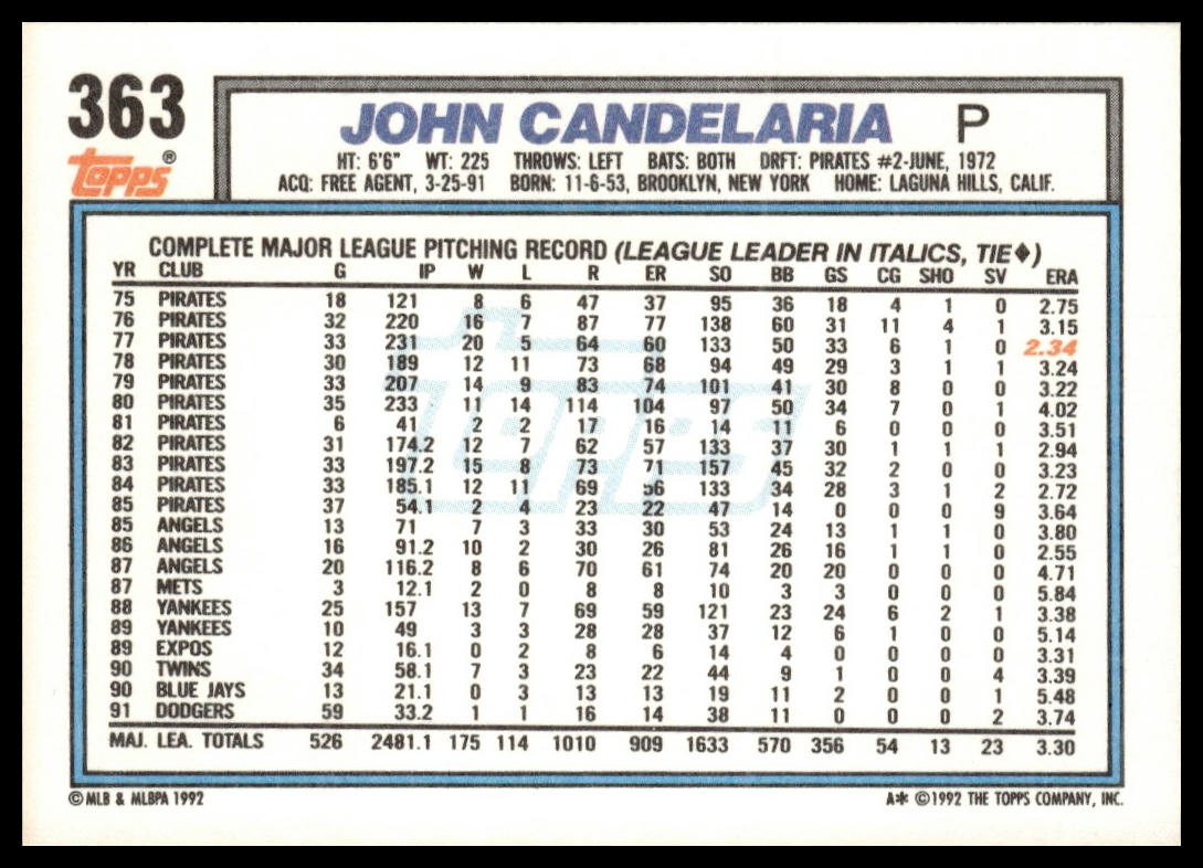 1992 Topps #363 John Candelaria
