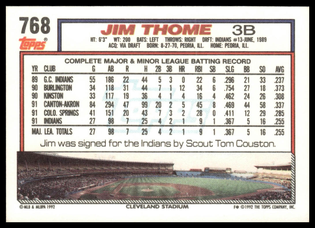 1992 Topps #768b Jim Thome print code C*
