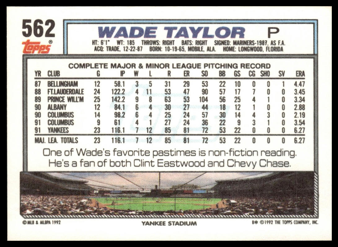 1992 Topps #562 Wade Taylor