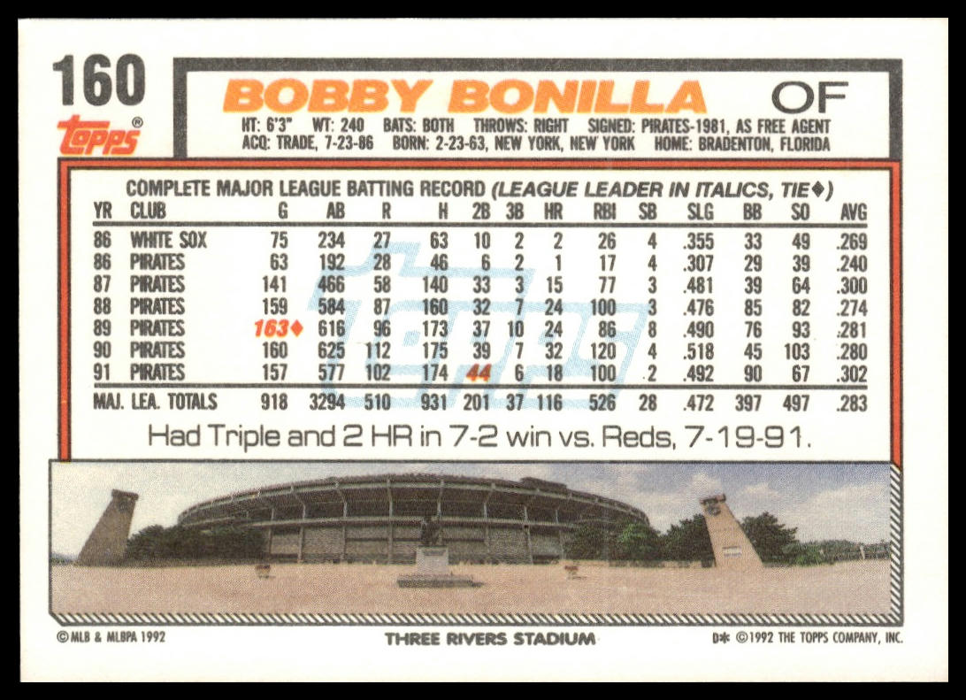 1992 Topps #160 Bobby Bonilla