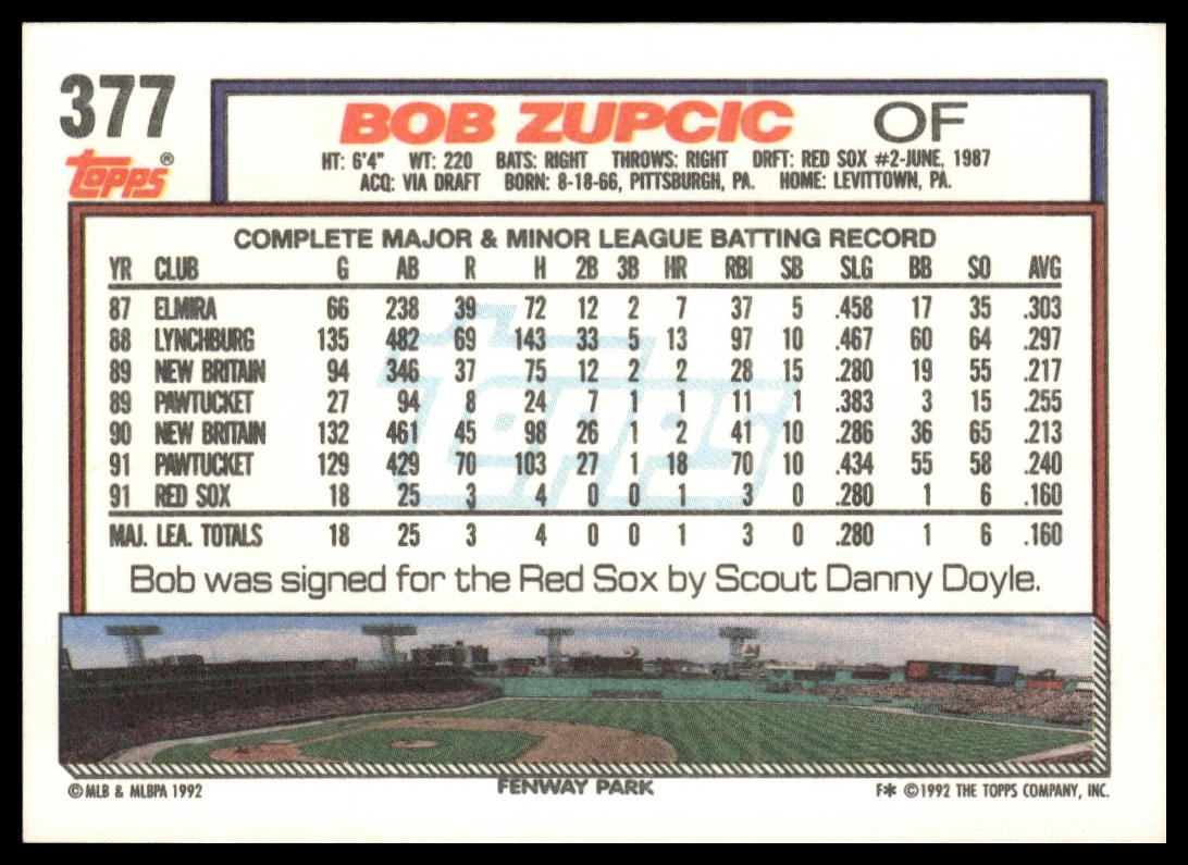 1992 Topps #377b Bob Zupcic print code C*