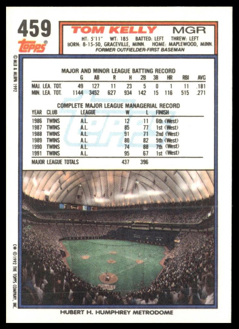 1992 Topps #459 Tom Kelly