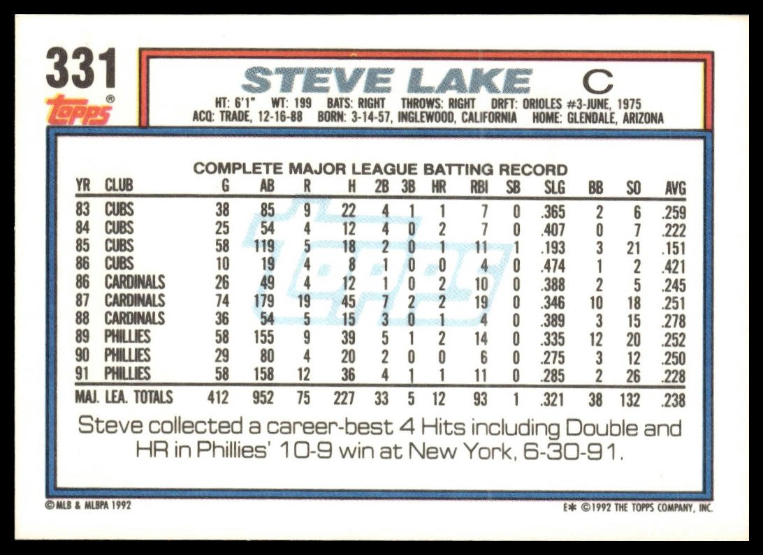 1992 Topps #331 Steve Lake