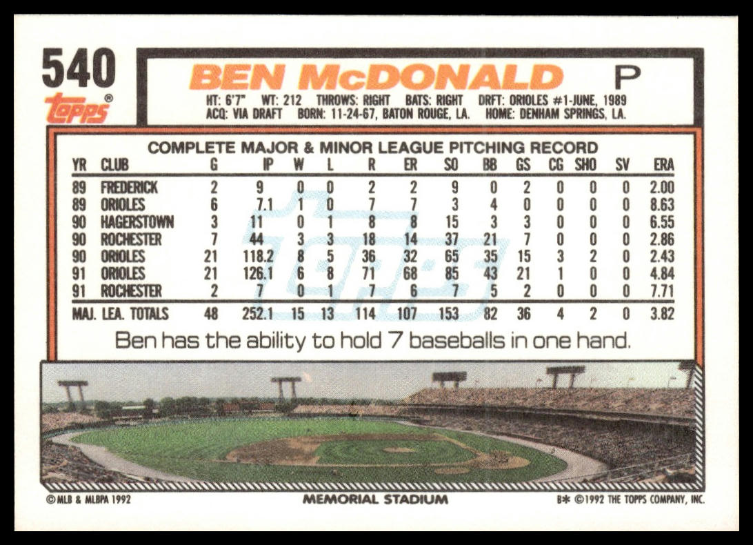 1992 Topps #540 Ben McDonald