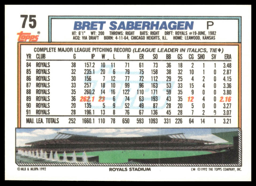 1992 Topps #75b Bret Saberhagen print code C*