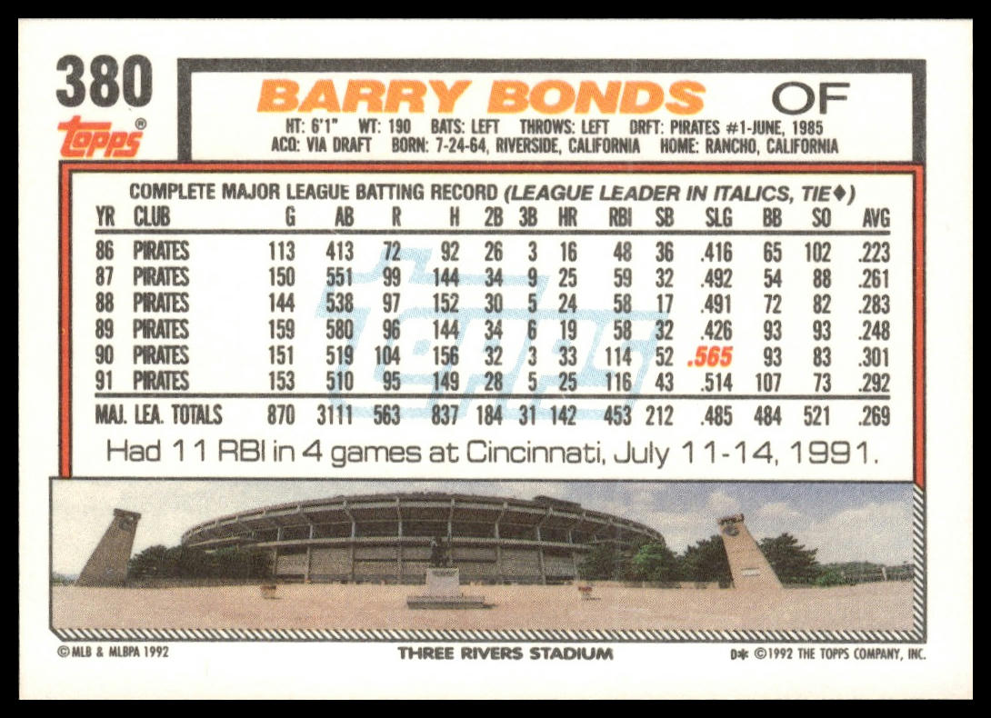 1992 Topps #380 Barry Bonds