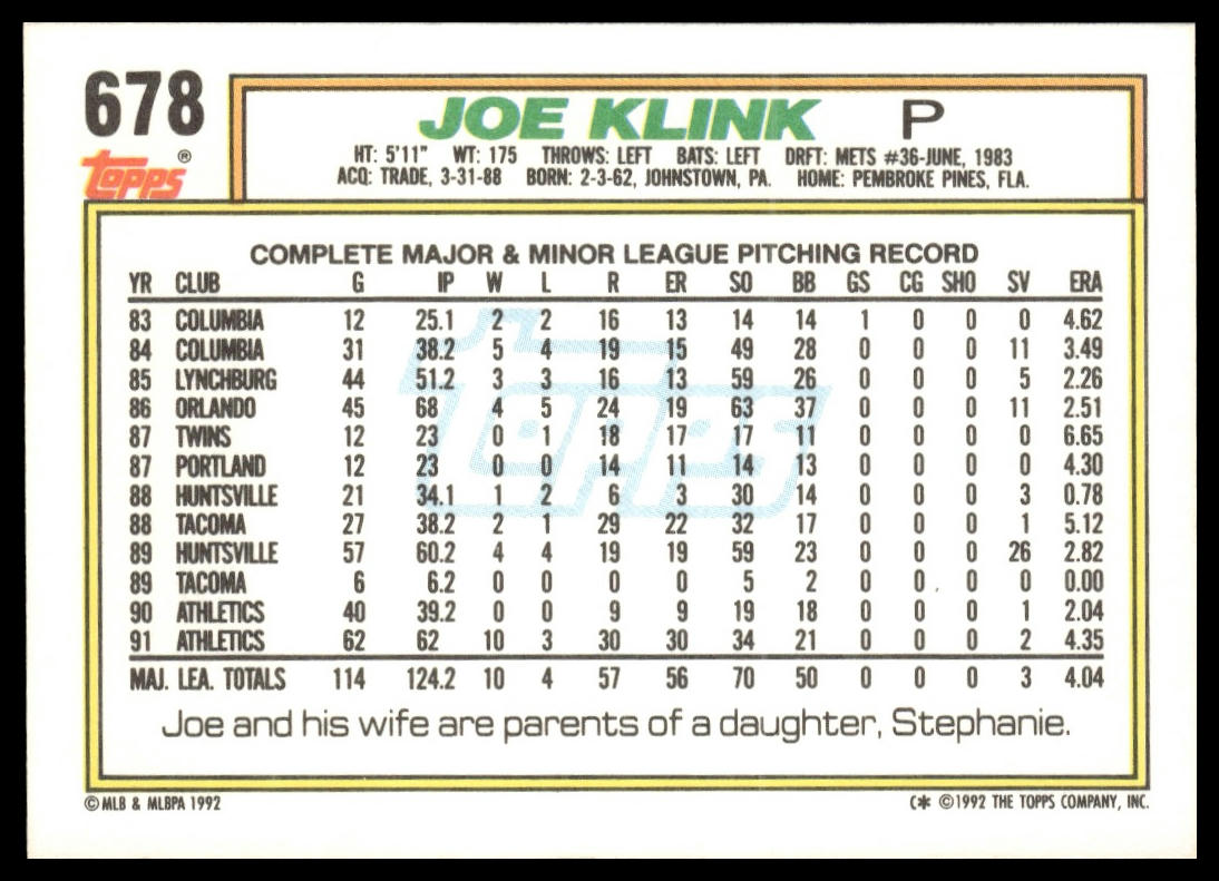1992 Topps #678 Joe Klink