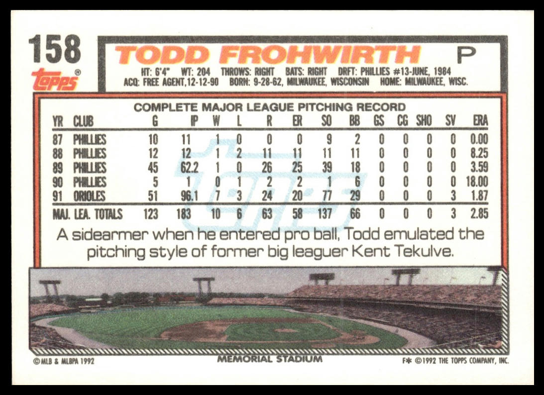 1992 Topps #158 Todd Frohwirth