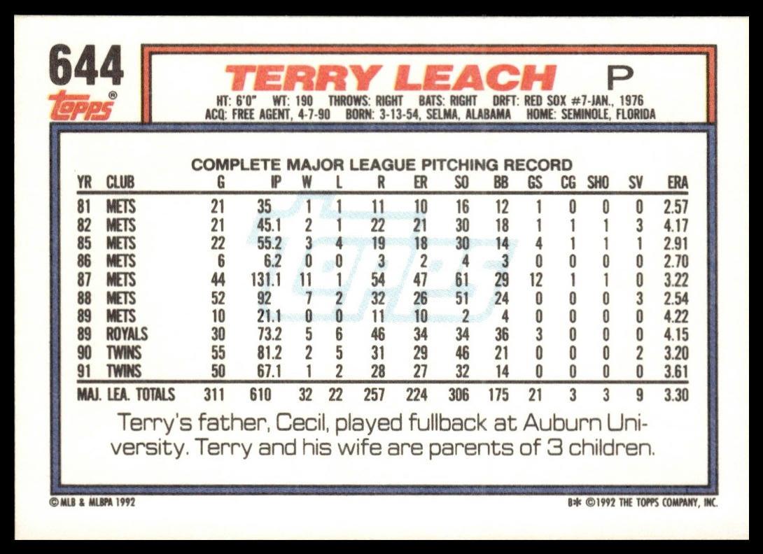 1992 Topps #644 Terry Leach