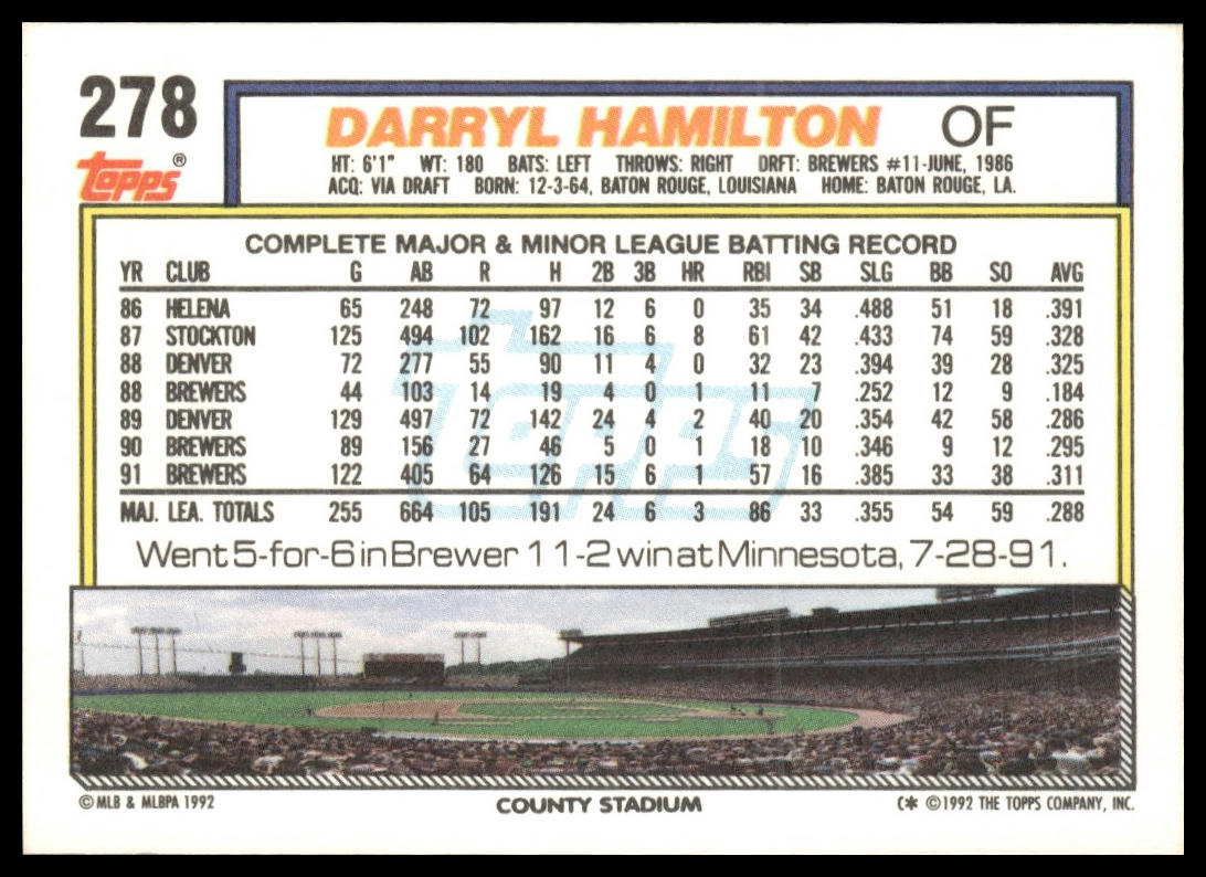1992 Topps #278 Darryl Hamilton