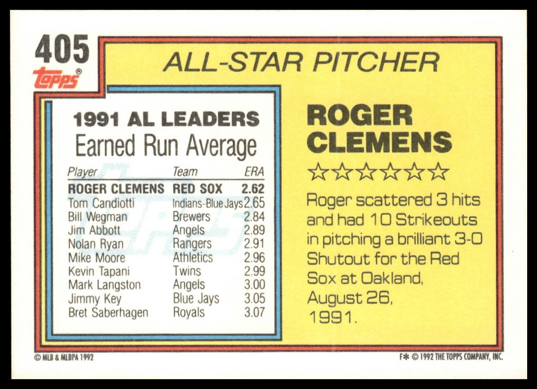 1992 Topps #405 Roger Clemens