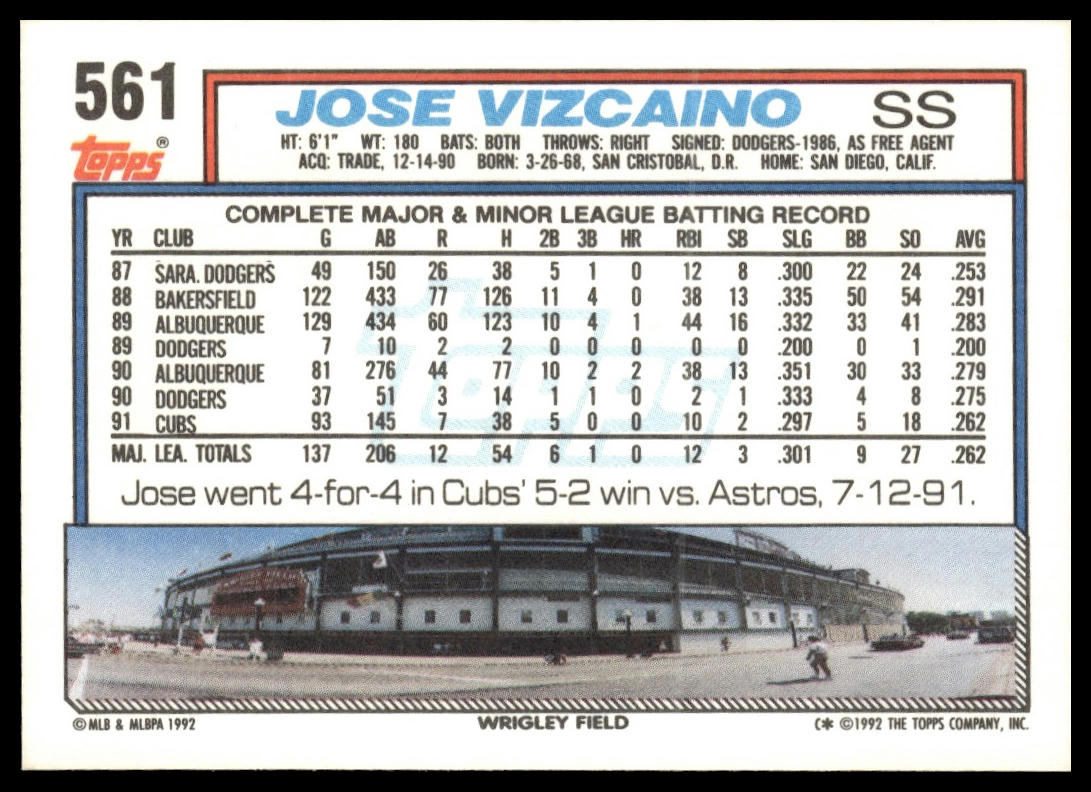 1992 Topps #561 Jose Vizcaino