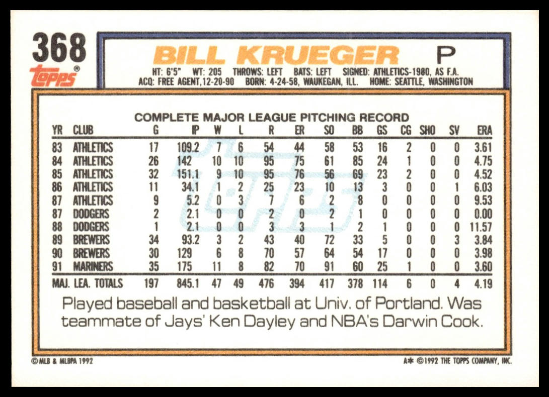 1992 Topps #368 Bill Krueger