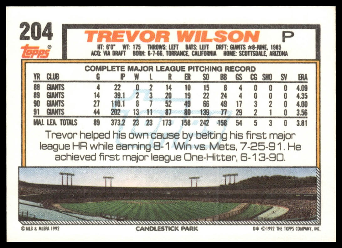 1992 Topps #204 Trevor Wilson