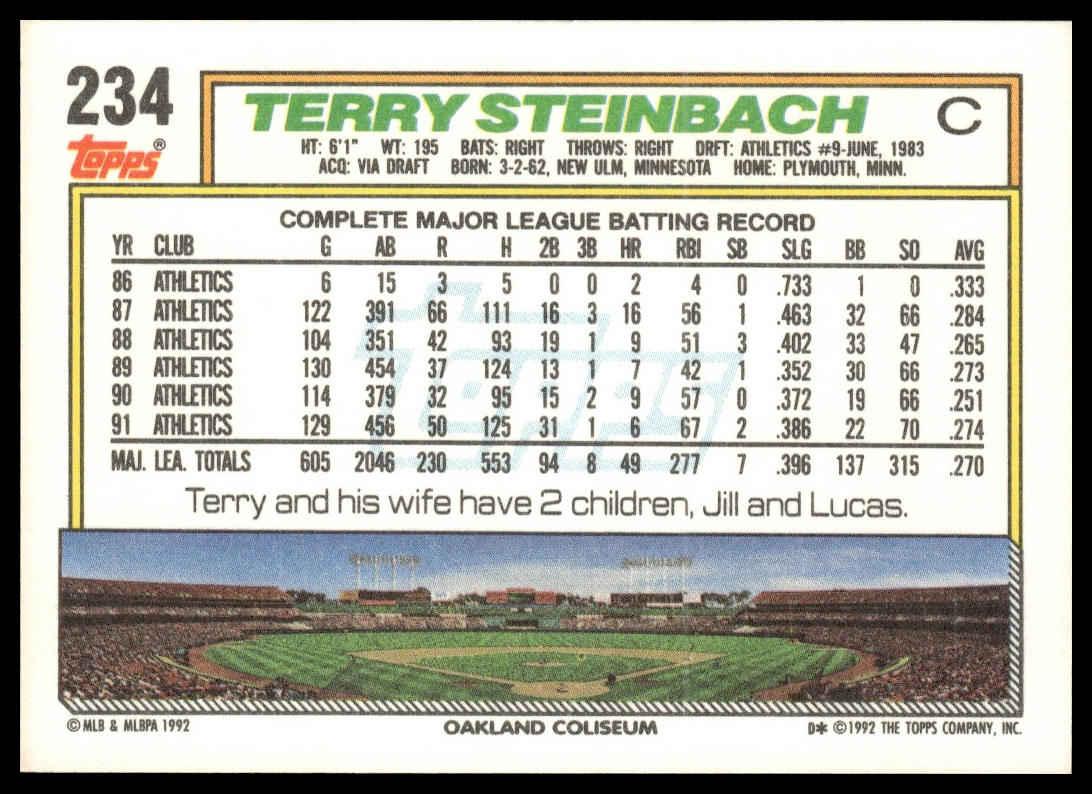 1992 Topps #234 Terry Steinbach