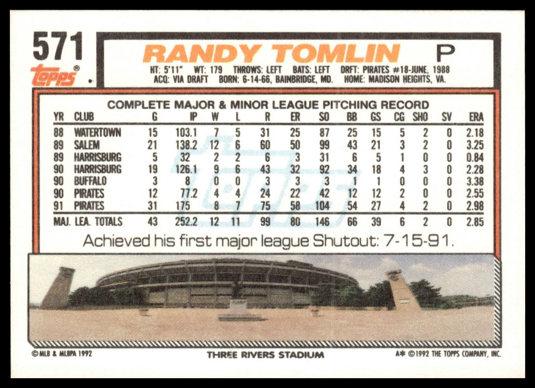 1992 Topps #571 Randy Tomlin