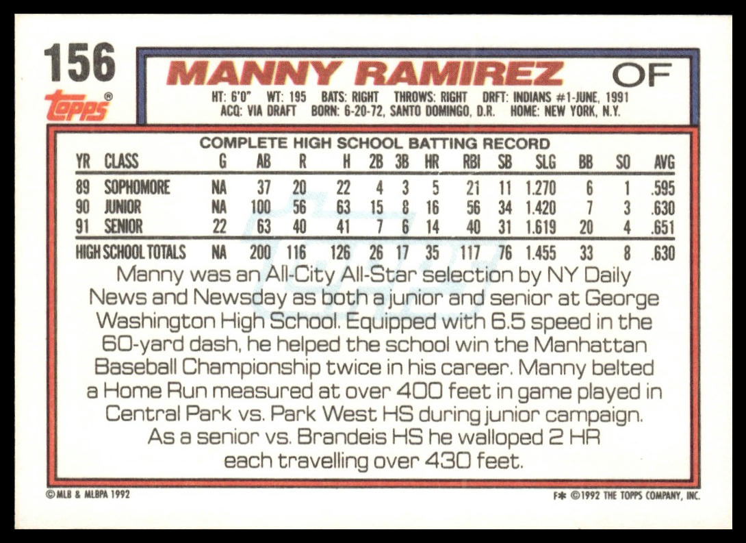 1992 Topps #156 Manny Ramirez