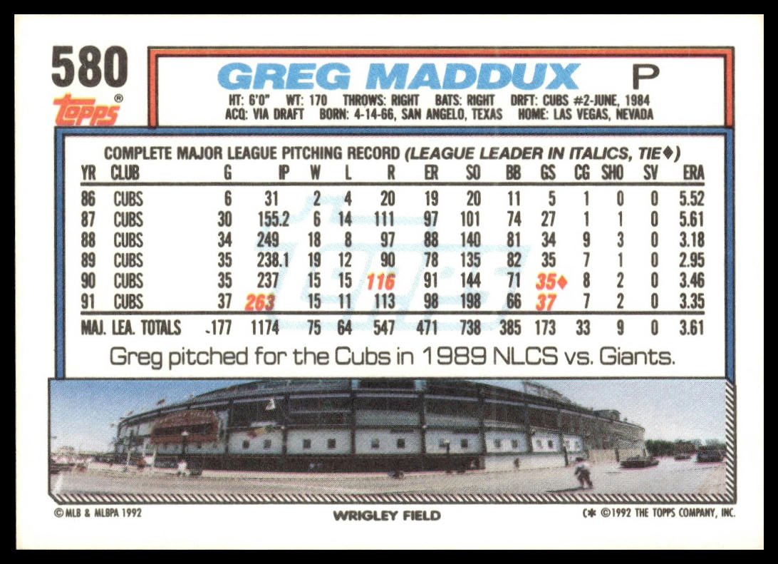1992 Topps #580 Greg Maddux