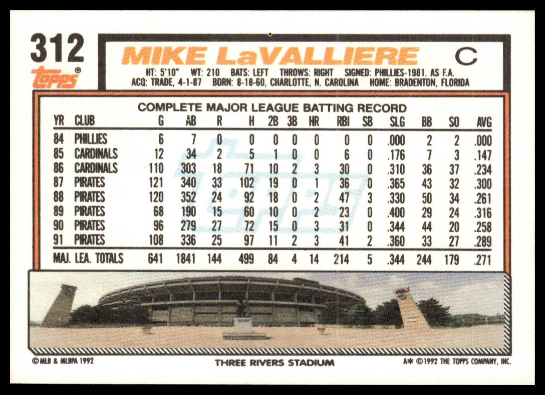 1992 Topps #312 Mike LaValliere