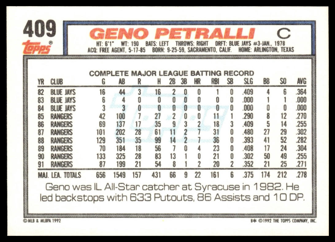 1992 Topps #409 Geno Petralli