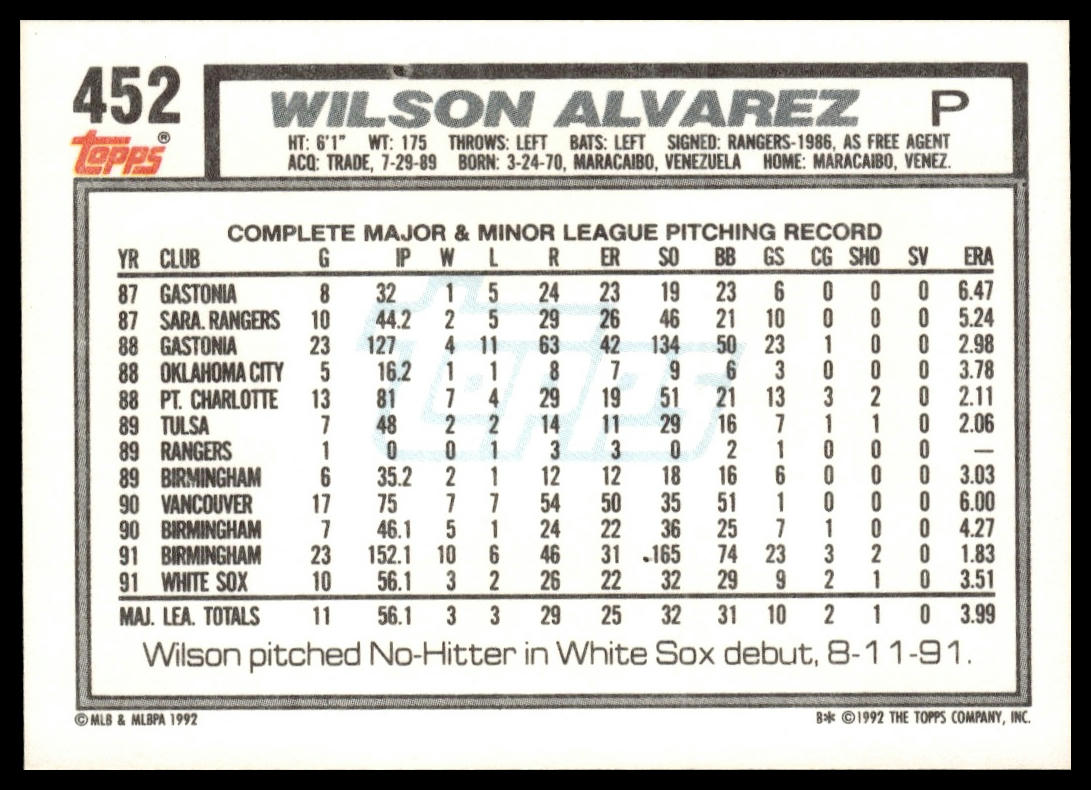 1992 Topps #452 Wilson Alvarez