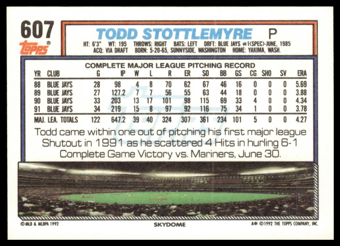 1992 Topps #607 Todd Stottlemyre