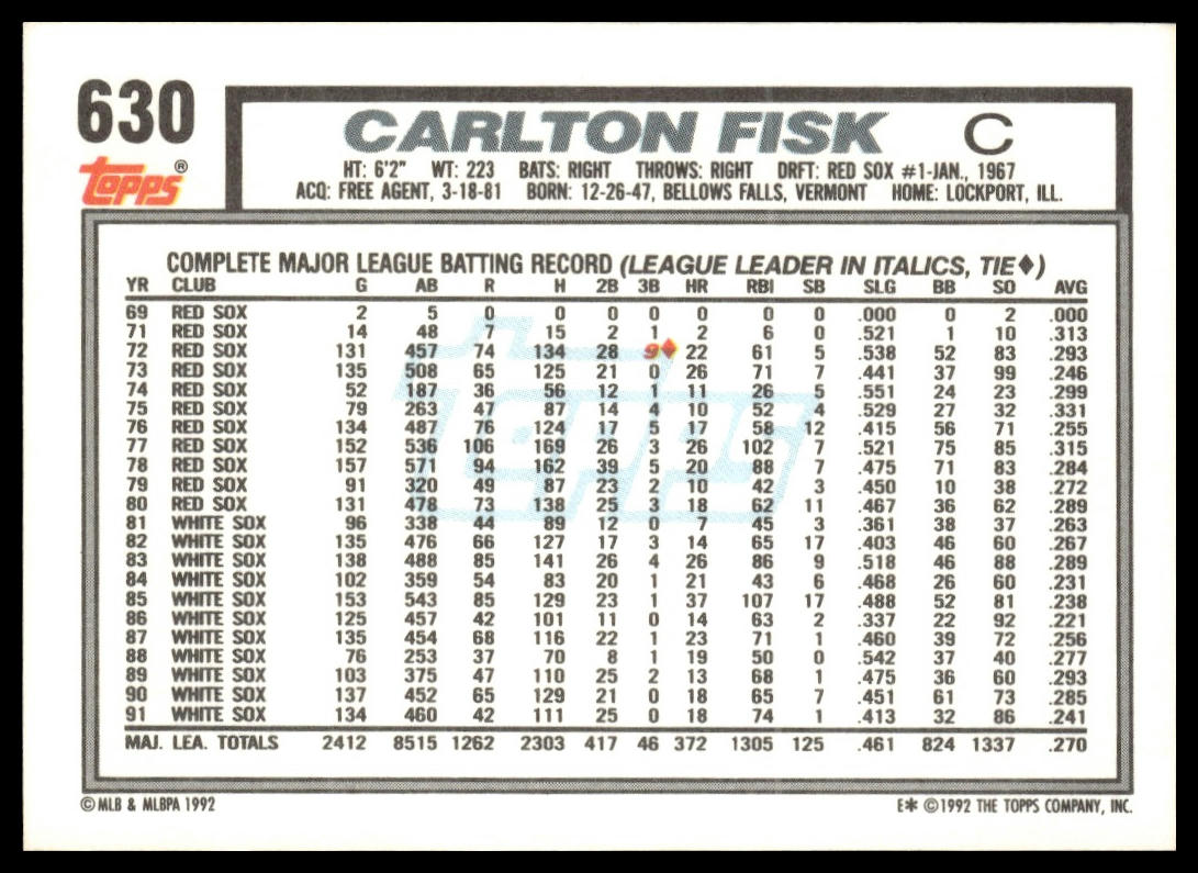1992 Topps #630 Carlton Fisk
