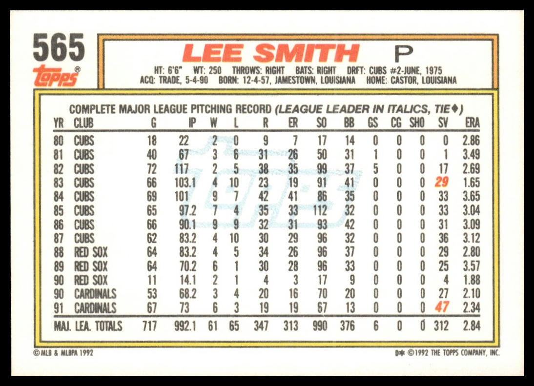 1992 Topps #565 Lee Smith