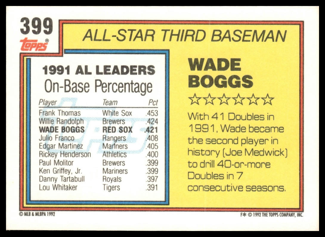 1992 Topps #399 Wade Boggs