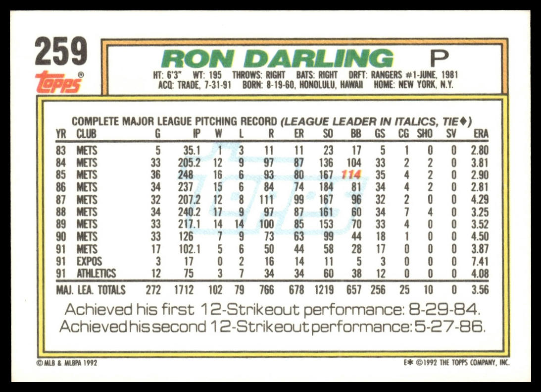 1992 Topps #259 Ron Darling