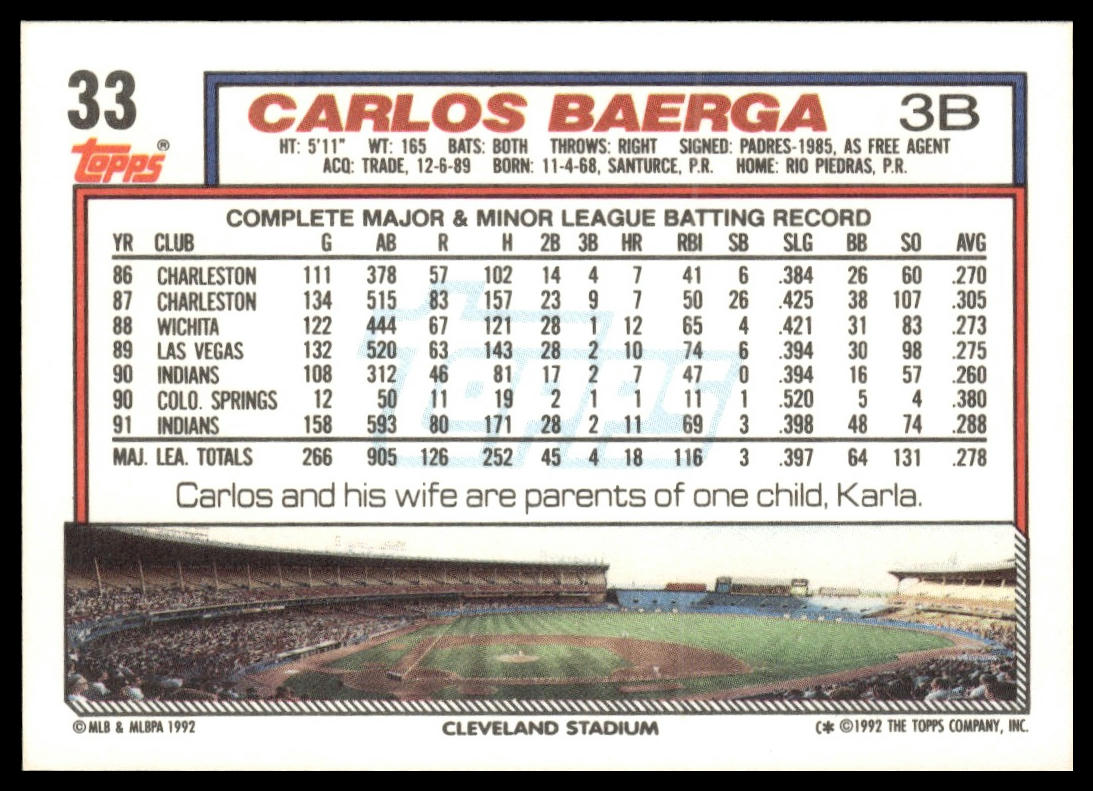 1992 Topps #33 Carlos Baerga