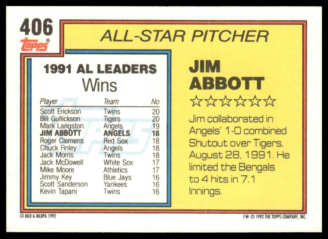 1992 Topps #406 Jim Abbott