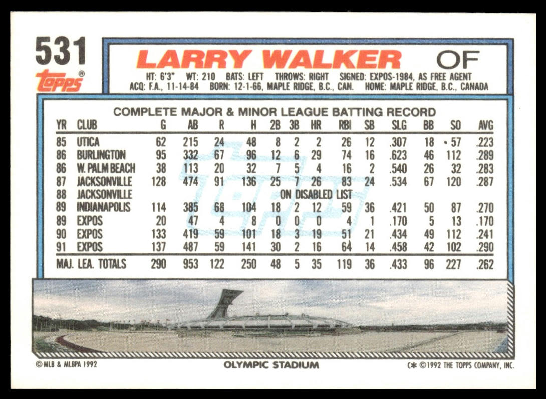 1992 Topps #531 Larry Walker