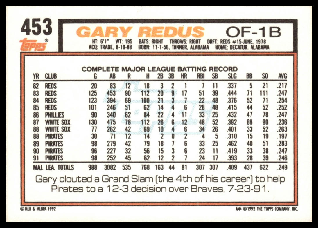 1992 Topps #453 Gary Redus