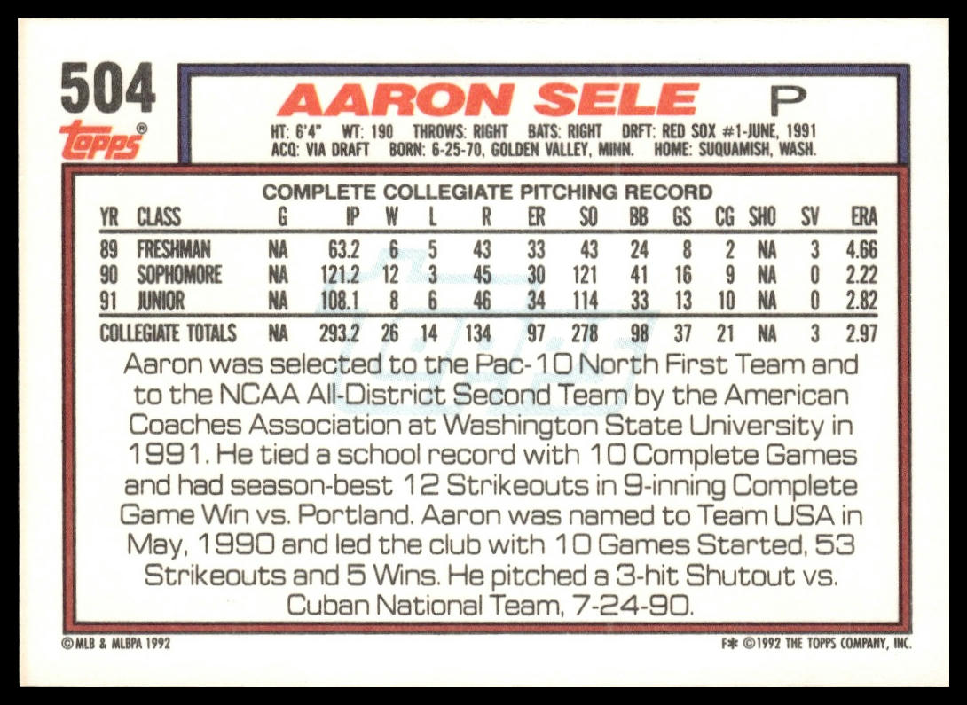 1992 Topps #504 Aaron Sele
