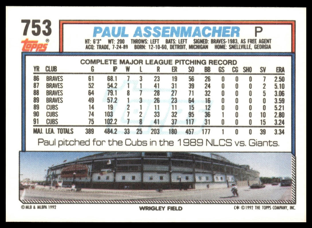 1992 Topps #753 Paul Assenmacher
