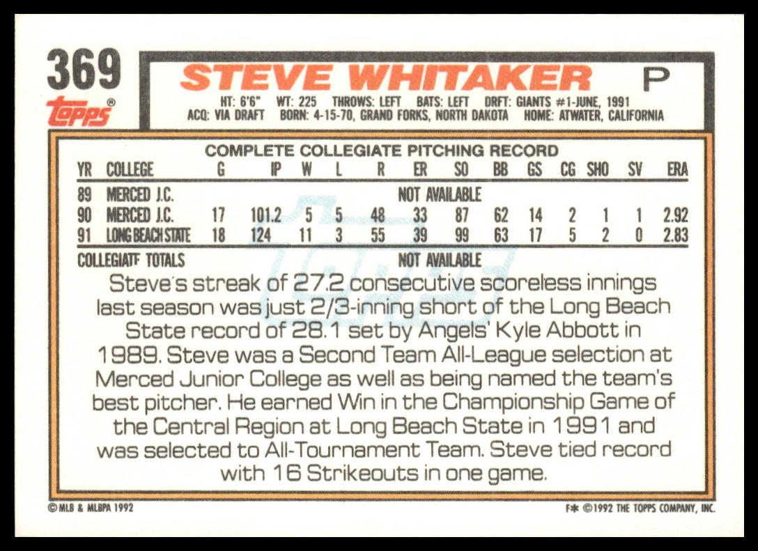 1992 Topps #369 Steve Whitaker