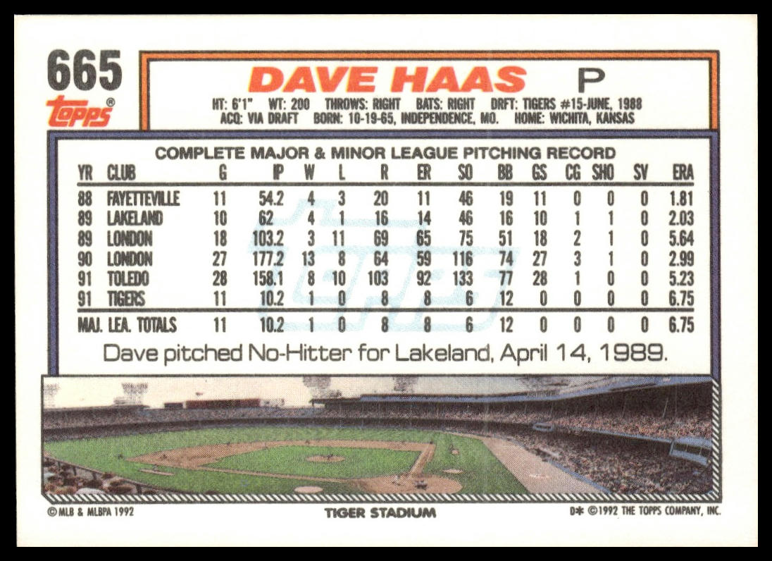 1992 Topps #665 Dave Haas