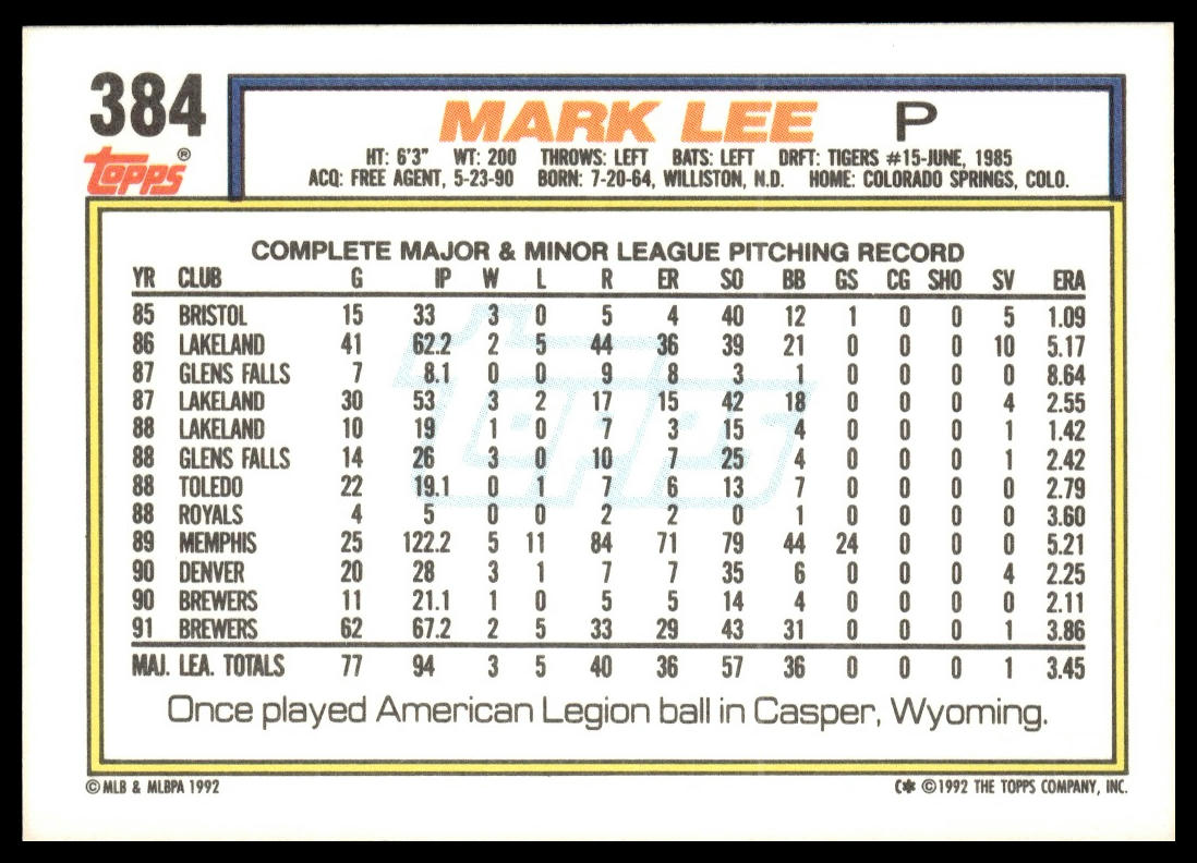 1992 Topps #384 Mark Lee