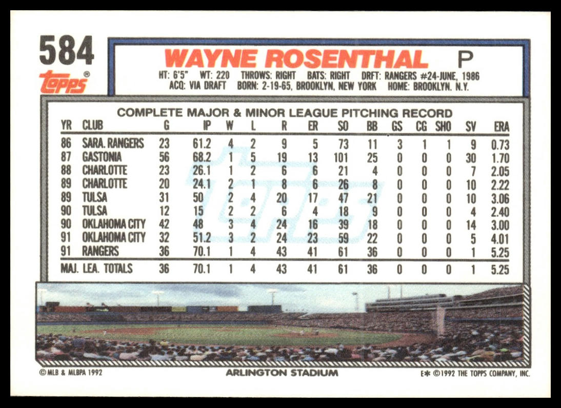 1992 Topps #584 Wayne Rosenthal