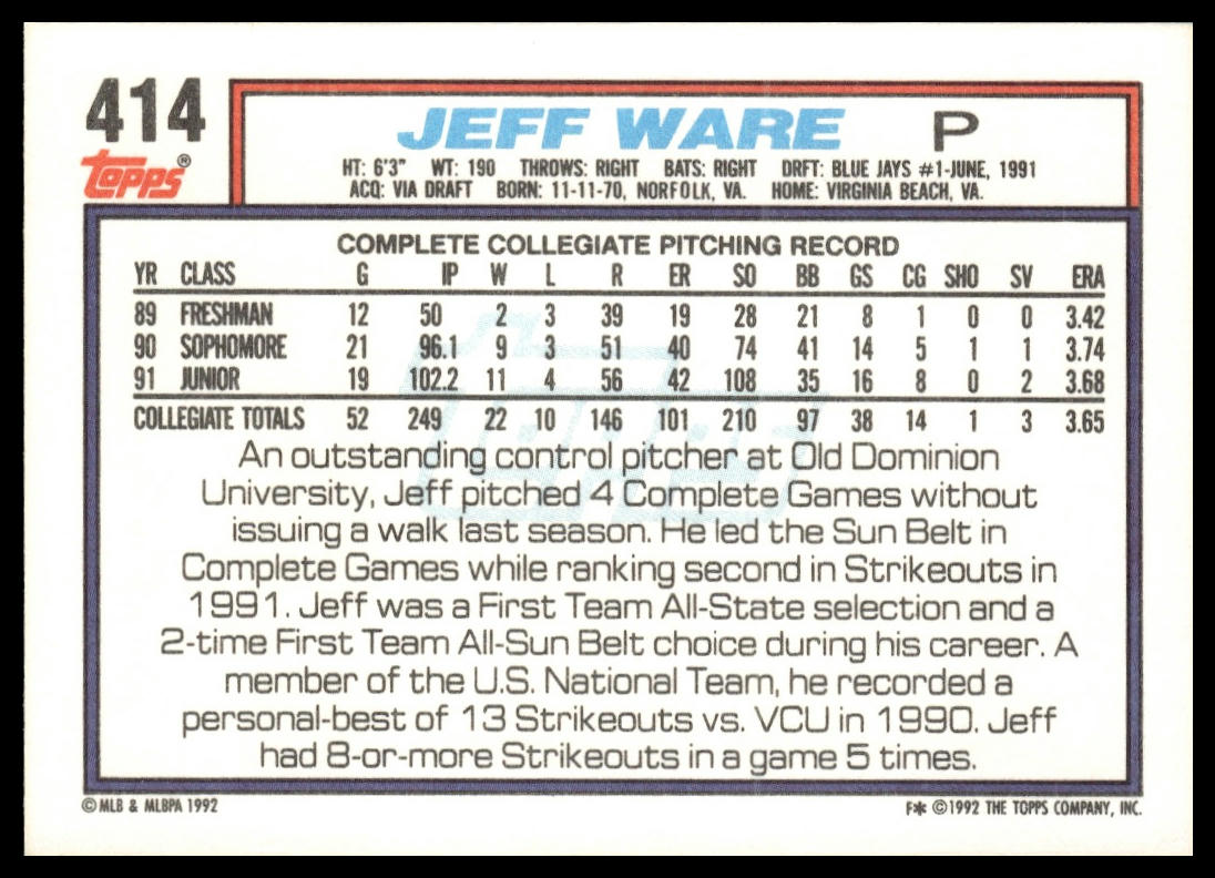 1992 Topps #414 Jeff Ware