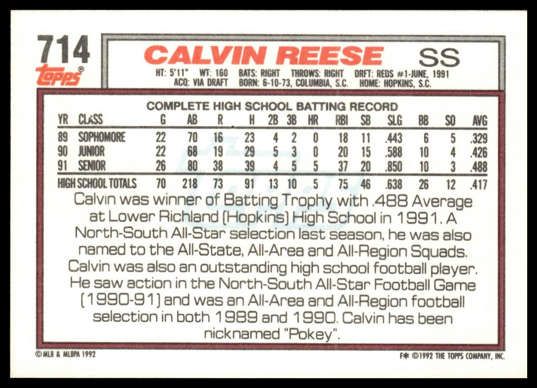 1992 Topps #714 Calvin Reese