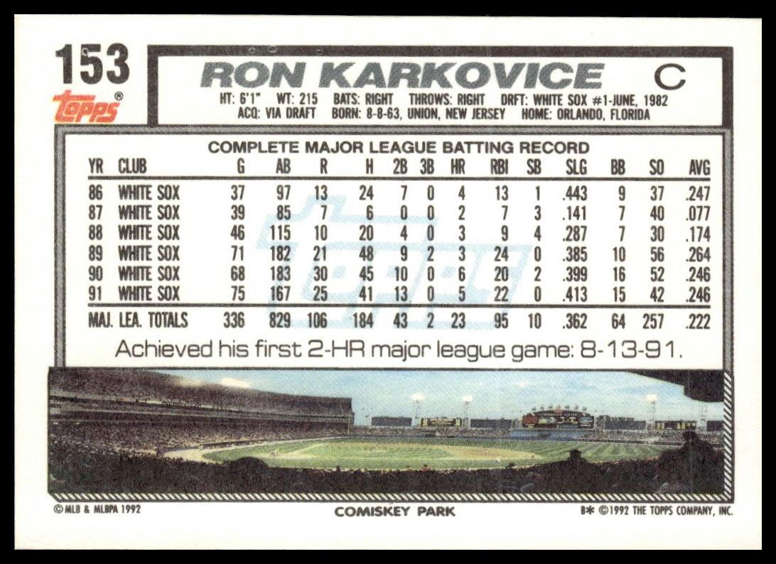 1992 Topps #153 Ron Karkovice