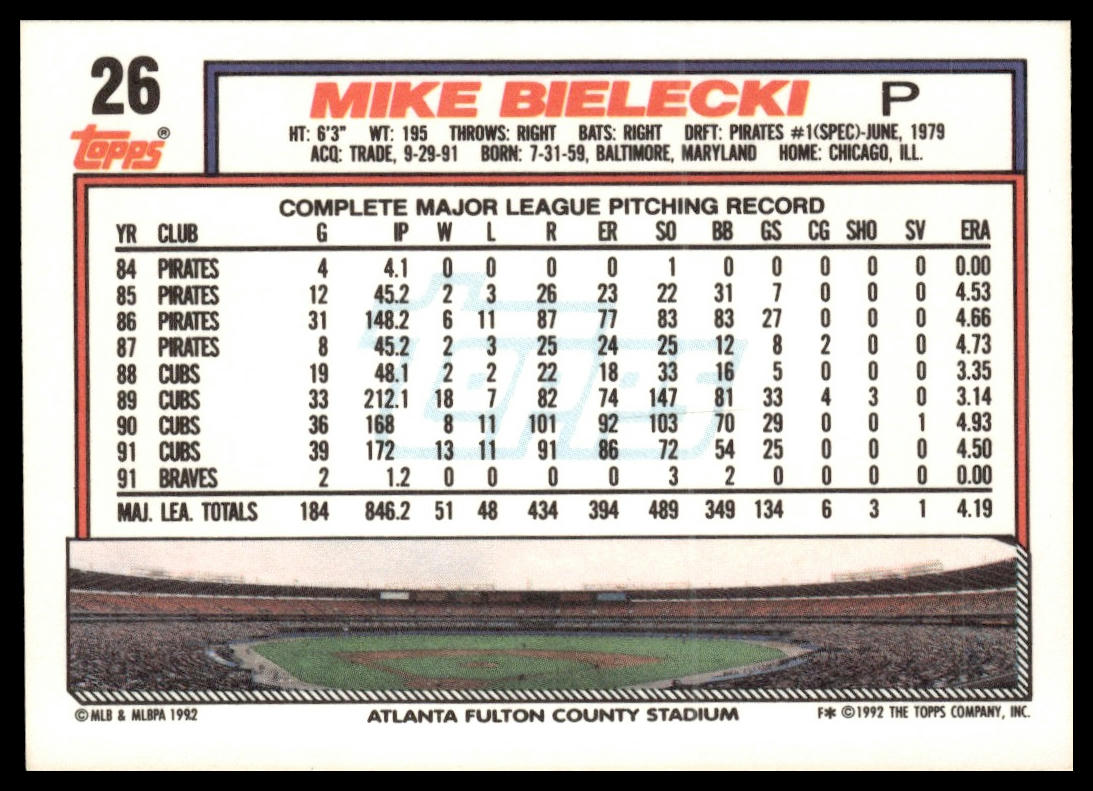 1992 Topps #26a Mike Bielecki print code C*
