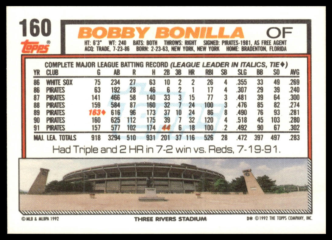 1992 Topps #160a Bobby Bonilla print code D*