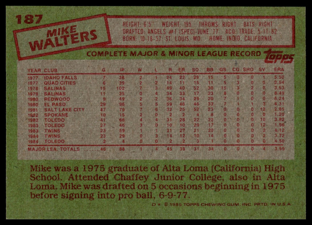 1985 Topps #187 Mike Walters