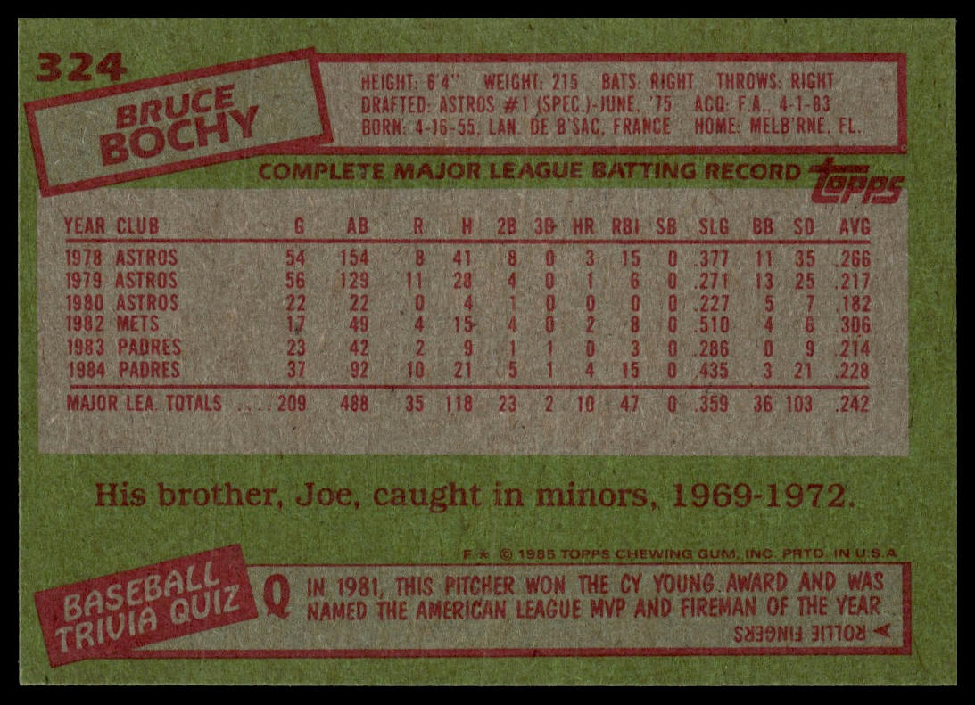 1985 Topps #324 Bruce Bochy